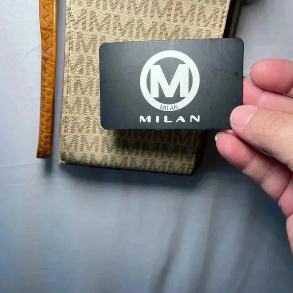 MKF Collection Phone Wallet Crossbody Bag Tan “M” Logo Faux Leather EUC - Picture 11 of 16